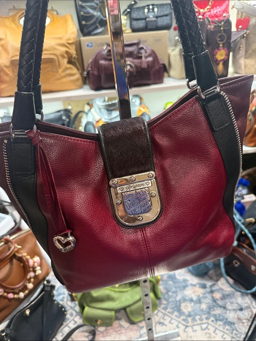 Brighton Rare Vintage Red Burgundy Leather Shoulder Bag with Black handles